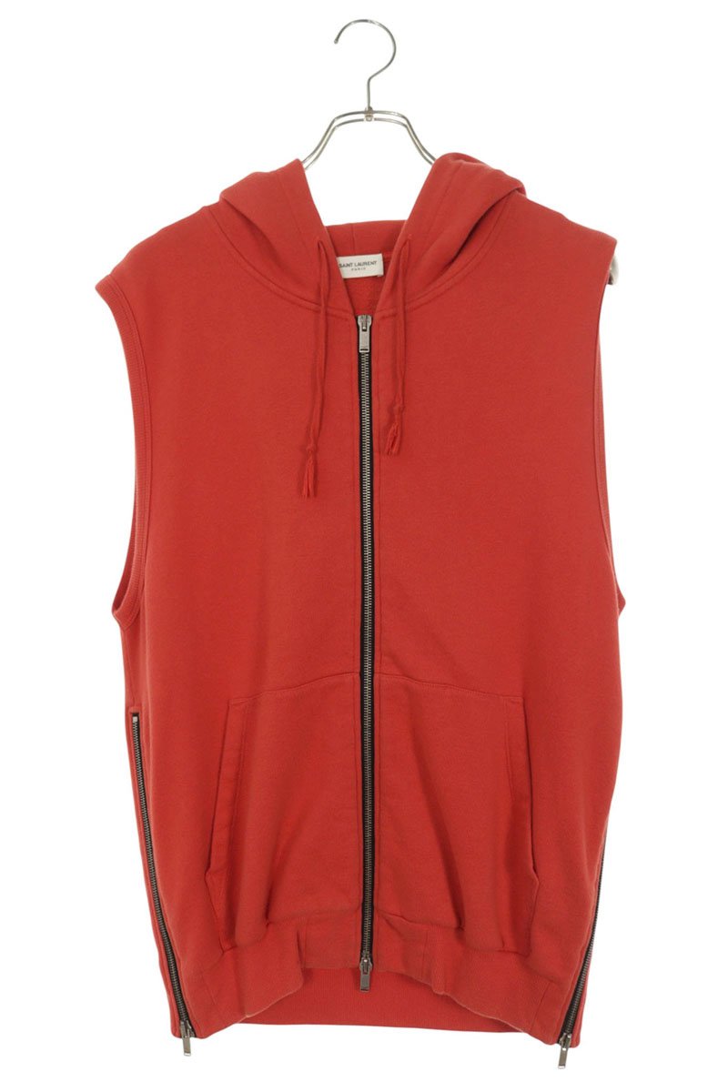 SAINT LAURENT PARIS Cotton Sleeveless Zip Hoodie Red Size S