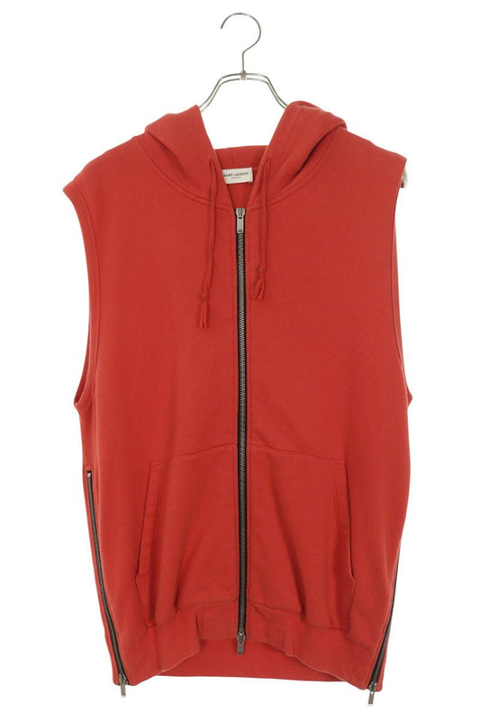 SAINT LAURENT PARIS Cotton Sleeveless Zip Hoodie Red Size S