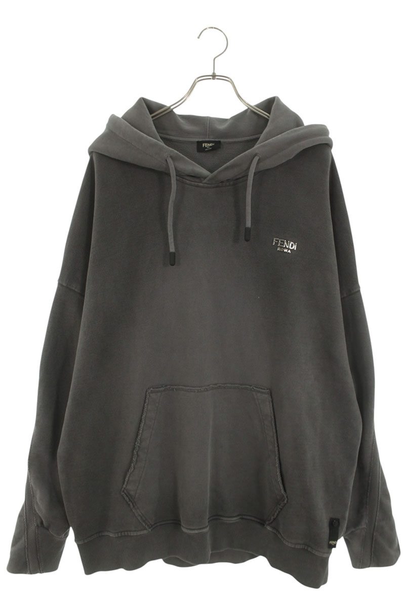 FENDI Metal Logo Plate Pullover Hoodie Gray Size XL
