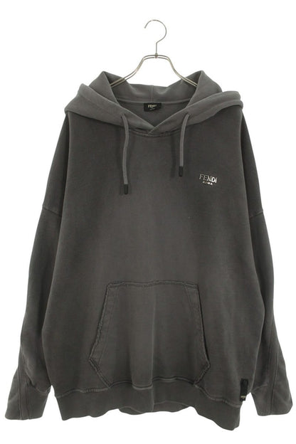 FENDI Metal Logo Plate Pullover Hoodie Gray Size XL