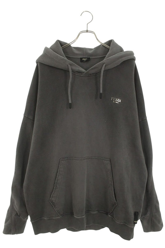 FENDI Metal Logo Plate Pullover Hoodie Gray Size XL