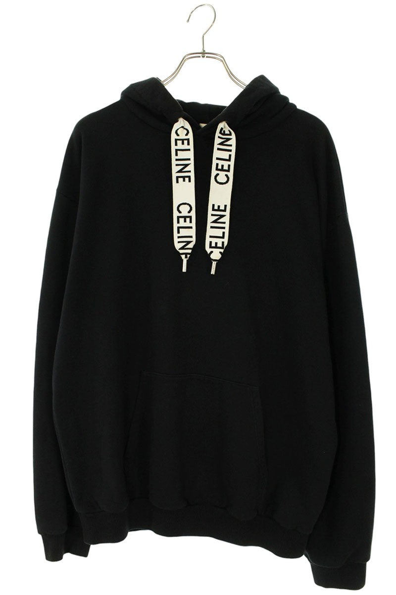 CELINE Logo Drawcord Pullover Hoodie Black Size XL