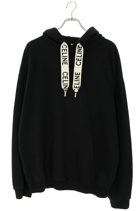 CELINE Logo Drawcord Pullover Hoodie Black Size XL