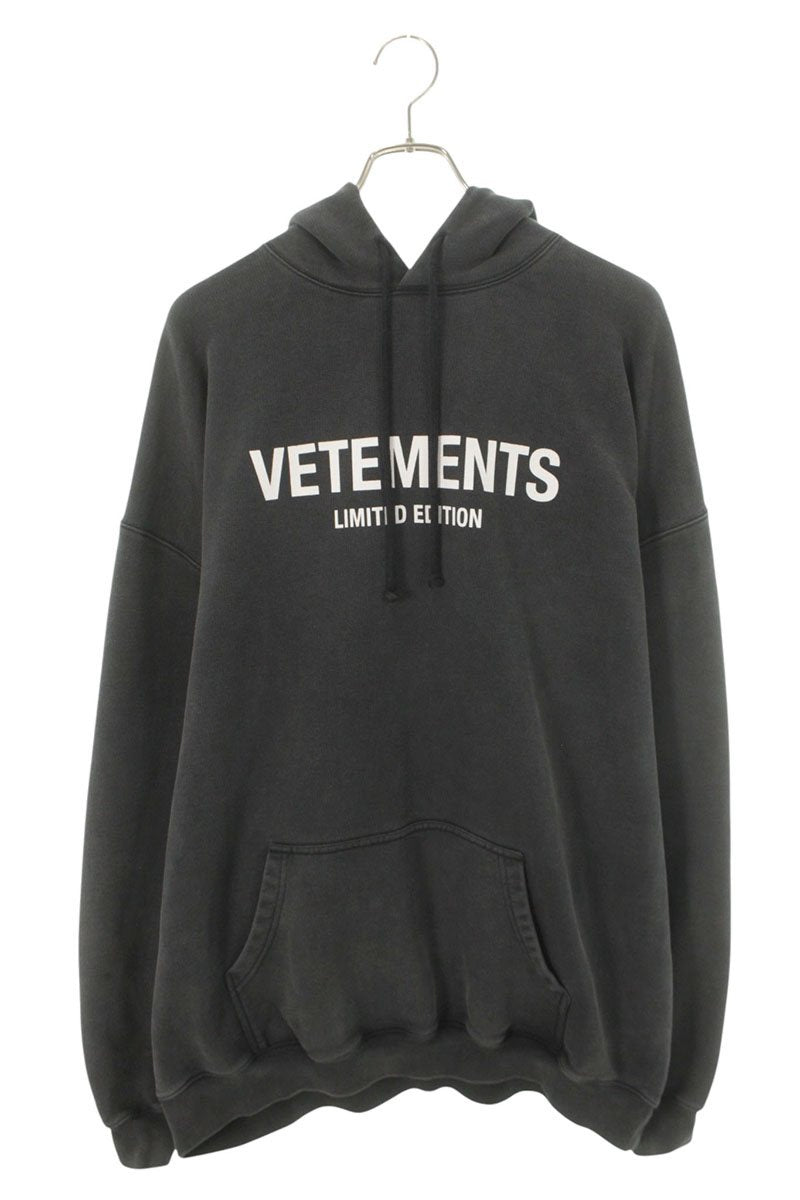 VETEMENTS Logo Print Cotton Blend Hoodie Dark Gray Size S