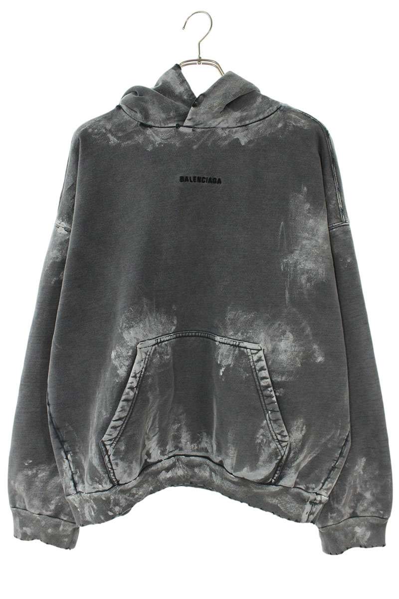 BALENCIAGA Logo Embroidered Paint Treated Hoodie Gray Size M