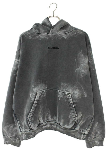 BALENCIAGA Logo Embroidered Paint Treated Hoodie Gray Size M