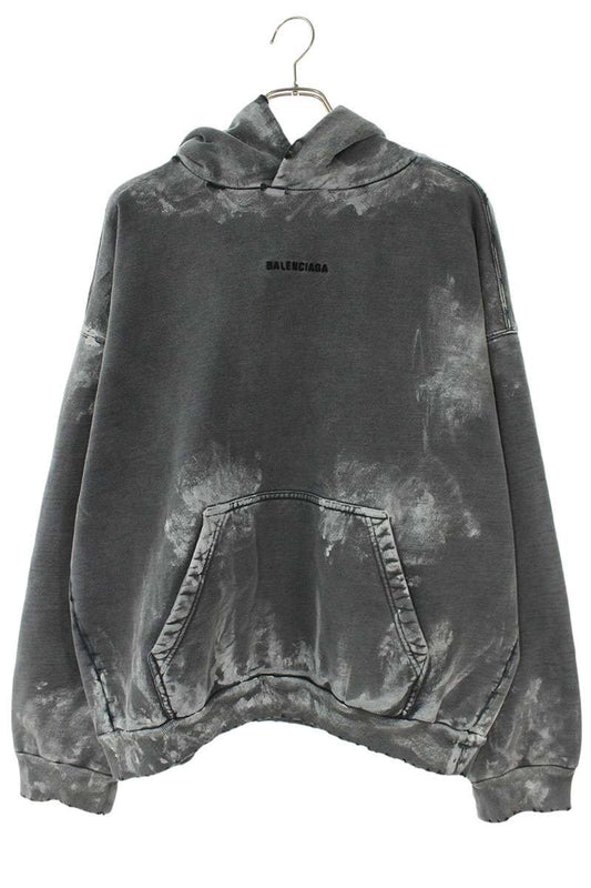 BALENCIAGA Logo Embroidered Paint Treated Hoodie Gray Size M