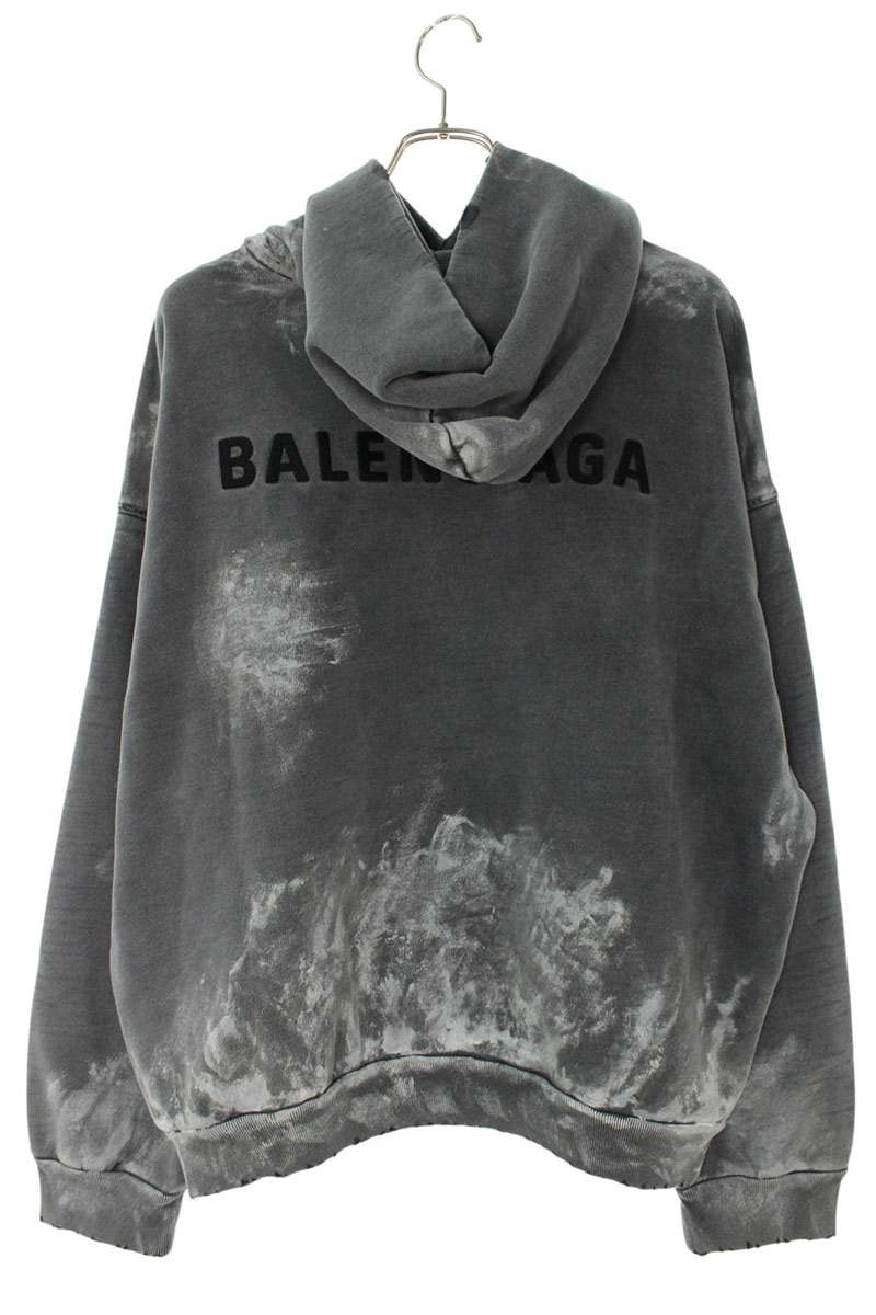 BALENCIAGA Logo Embroidered Paint Treated Hoodie Gray Size M