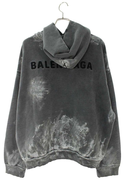 BALENCIAGA Logo Embroidered Paint Treated Hoodie Gray Size M