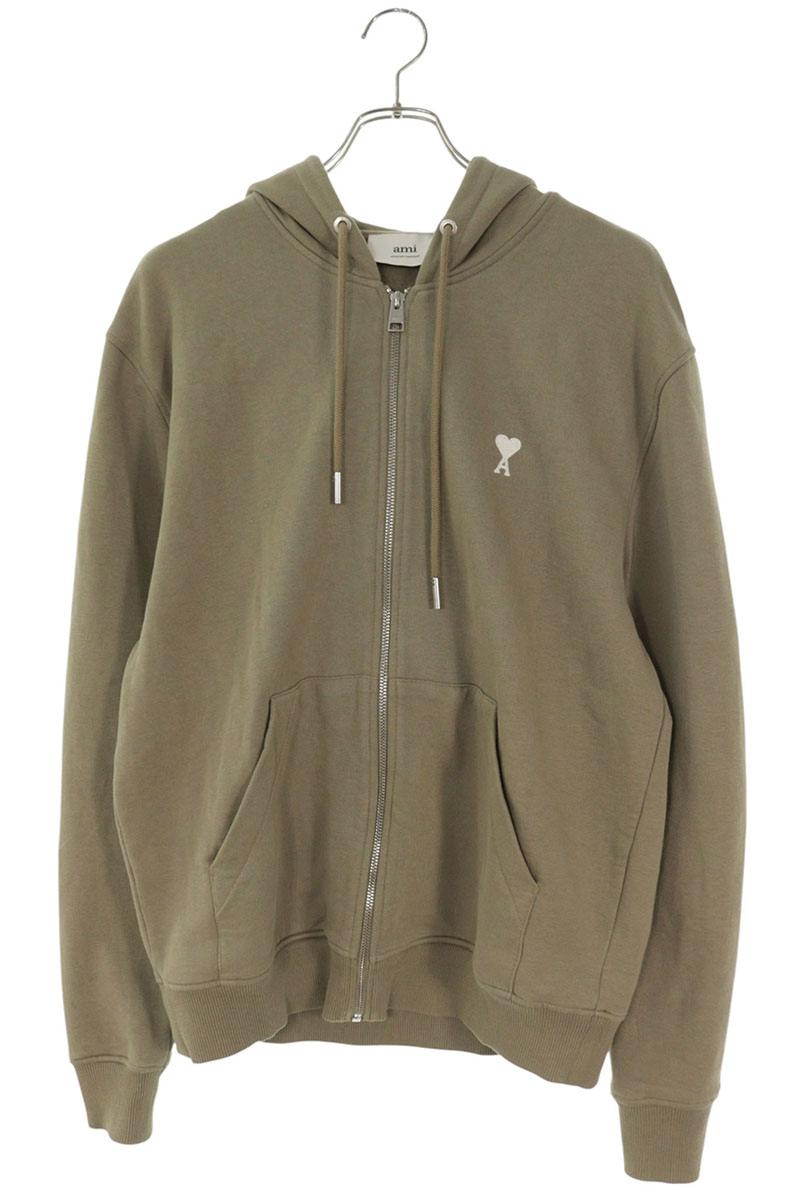 AMI Heart A Logo Embroidered Zip Hoodie Khaki Size L