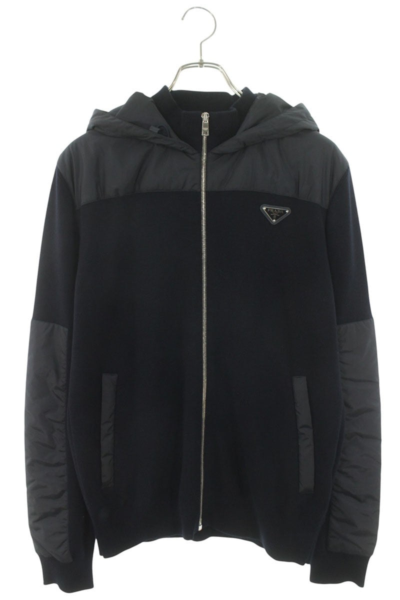 PRADA Triangle Plate Nylon Panel Knit Hoodie Navy Size L