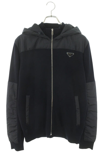 PRADA Triangle Plate Nylon Panel Knit Hoodie Navy Size L