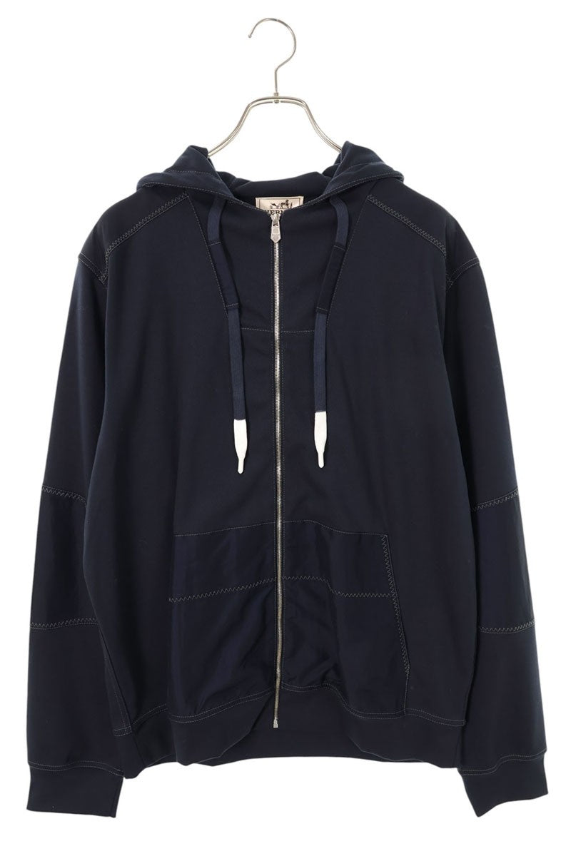 HERMES Voile H Nylon Panel Zip Hoodie Navy Cotton Size M