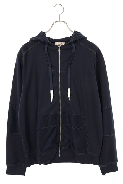 HERMES Voile H Nylon Panel Zip Hoodie Navy Cotton Size M