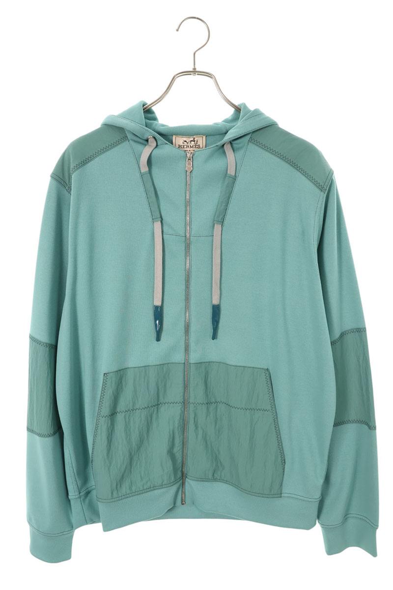HERMES Voile H Nylon Panel Zip Hoodie Light Green Size M