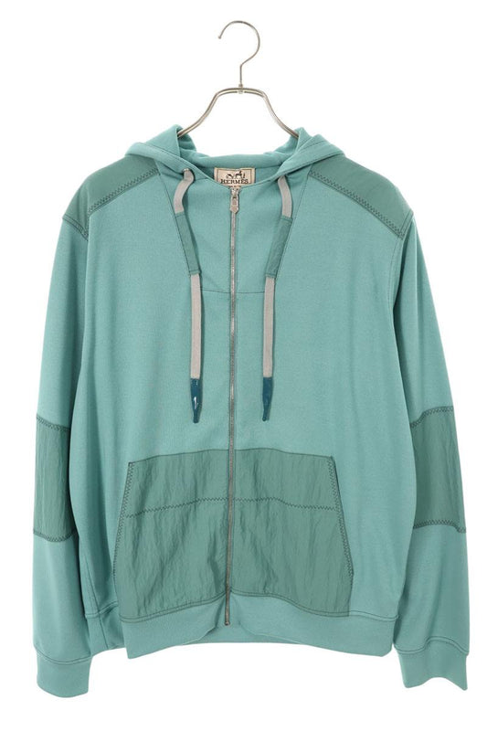 HERMES Voile H Nylon Panel Zip Hoodie Light Green Size M