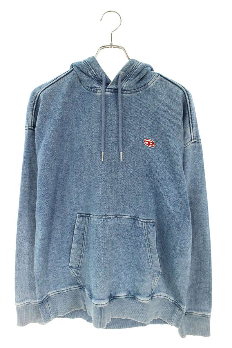 DIESEL Logo Patch Pullover Hoodie Blue Cotton Size S