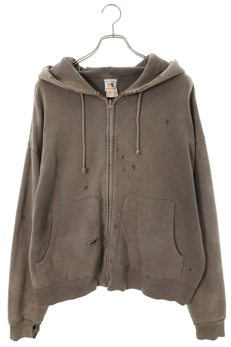 SAINT MICHAEL Distressed Zip-Up Hoodie Gray Size L