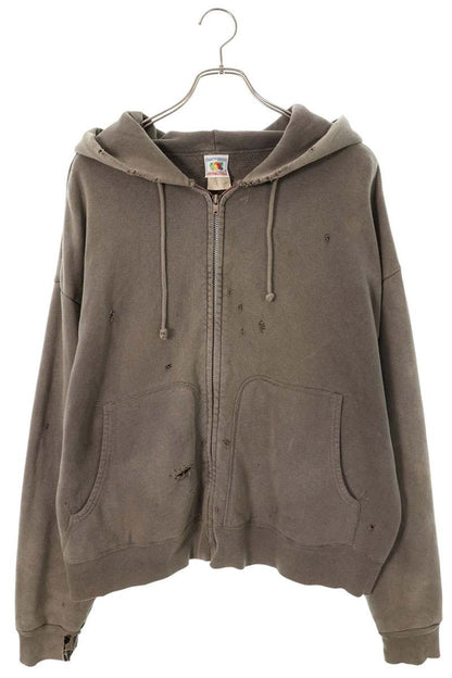 SAINT MICHAEL Distressed Zip-Up Hoodie Gray Size L
