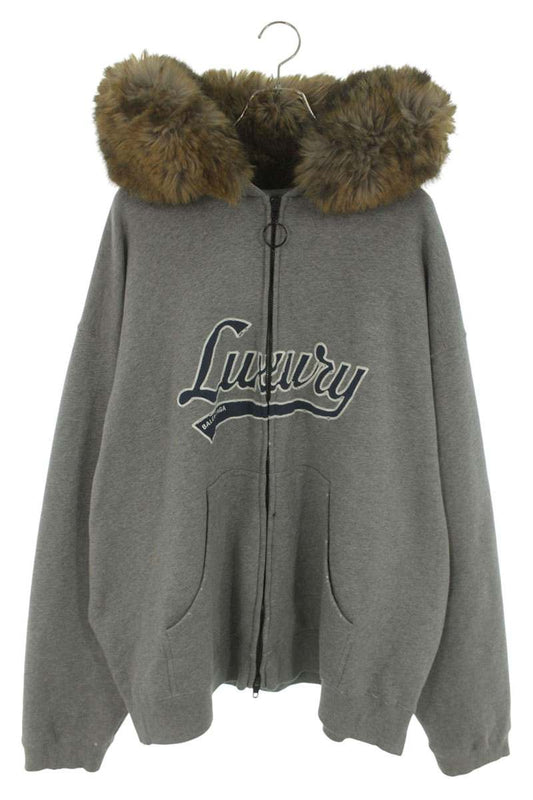 BALENCIAGA Distressed Fur Zip Up Hoodie Gray Size L