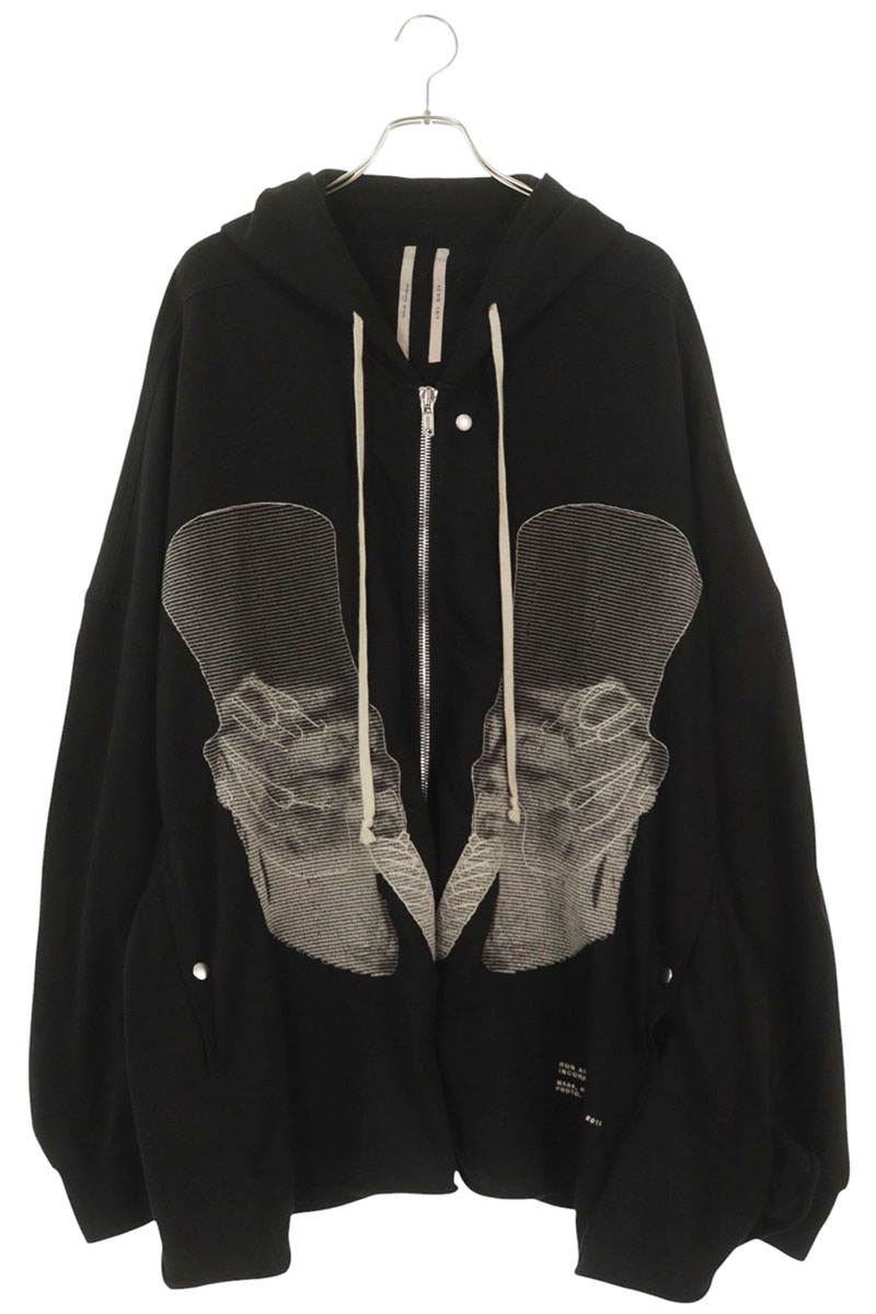 Rick Owens Front Embroidered Zip Up Hoodie Black Size S