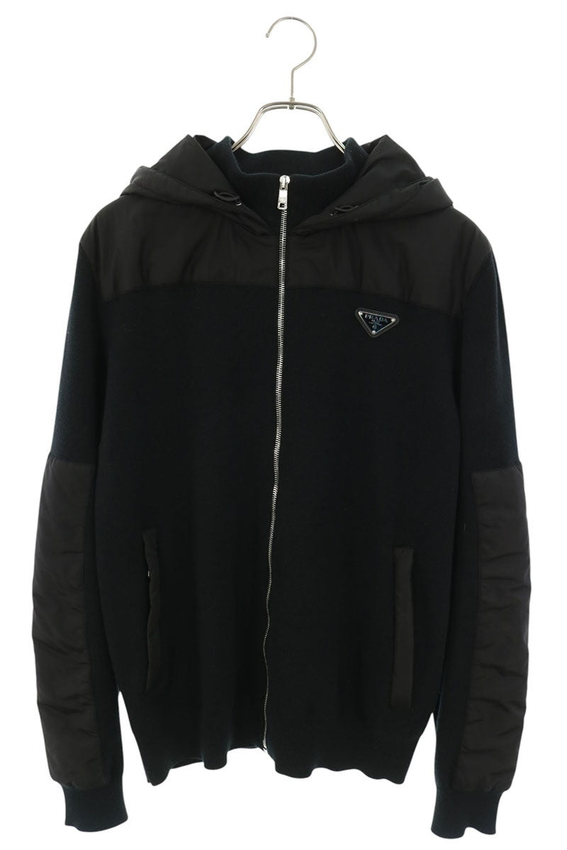 PRADA Triangle Logo Nylon Panel Knit Hoodie Black Size L