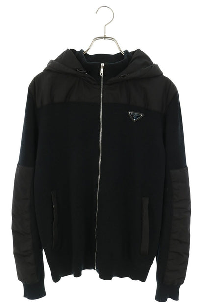 PRADA Triangle Logo Nylon Panel Knit Hoodie Black Size L