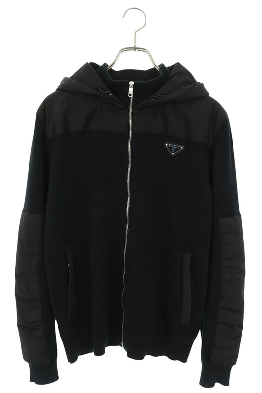 PRADA Triangle Logo Nylon Panel Knit Hoodie Black Size L