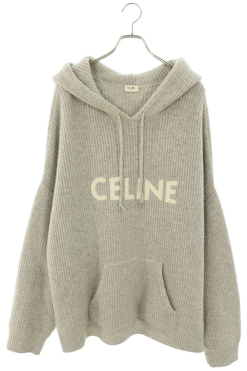 CELINE Logo Patch Wool Knit Hoodie Grey White Size XL