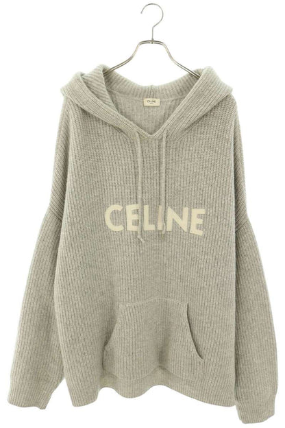 CELINE Logo Patch Wool Knit Hoodie Grey White Size XL