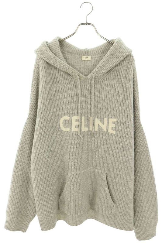 CELINE Logo Patch Wool Knit Hoodie Grey White Size XL