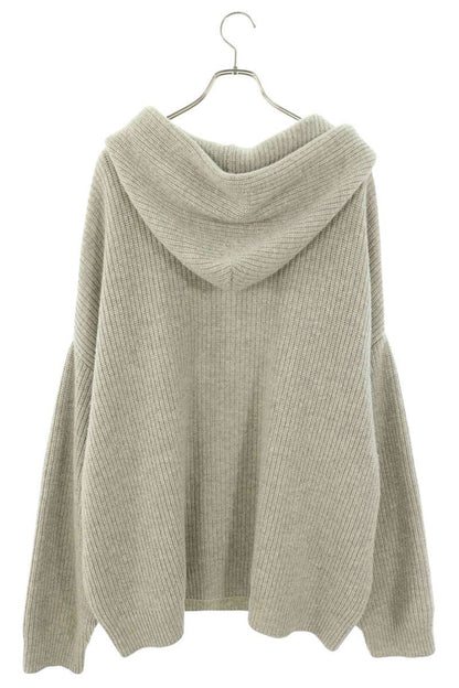 CELINE Logo Patch Wool Knit Hoodie Grey White Size XL