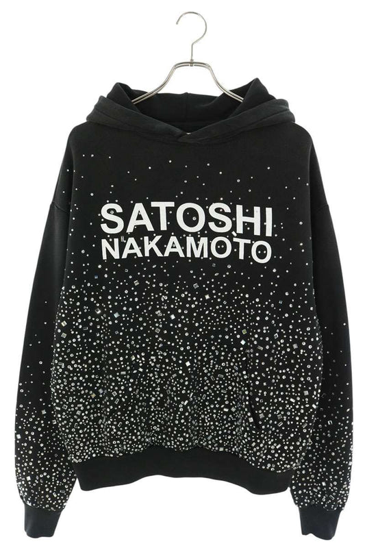 SATOSHI NAKAMOTO Rhinestone Logo Cotton Hoodie Black Size M