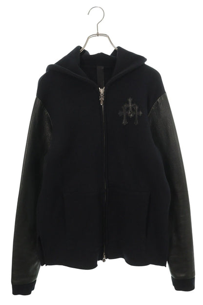 Chrome Hearts Y NOT Leather Sleeve Cross Zip Hoodie Size M
