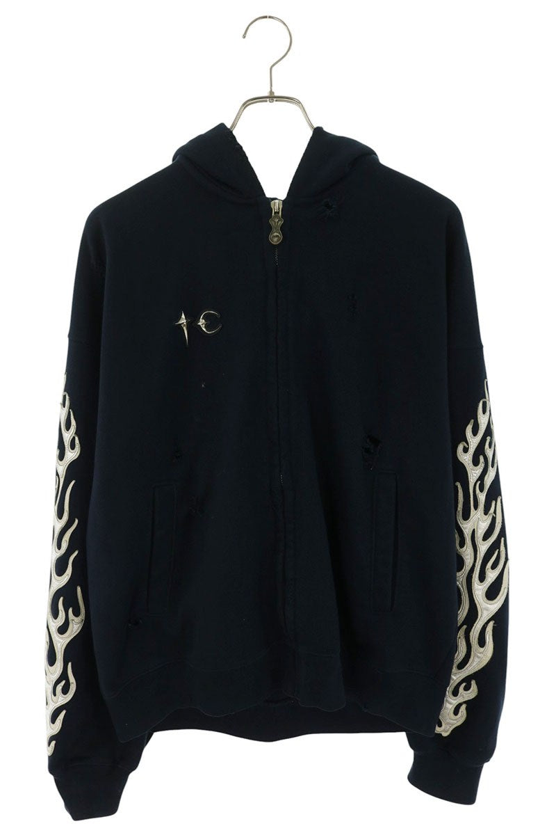 THUG CLUB 25SS Leather Flame Zip Hoodie Navy Size 3