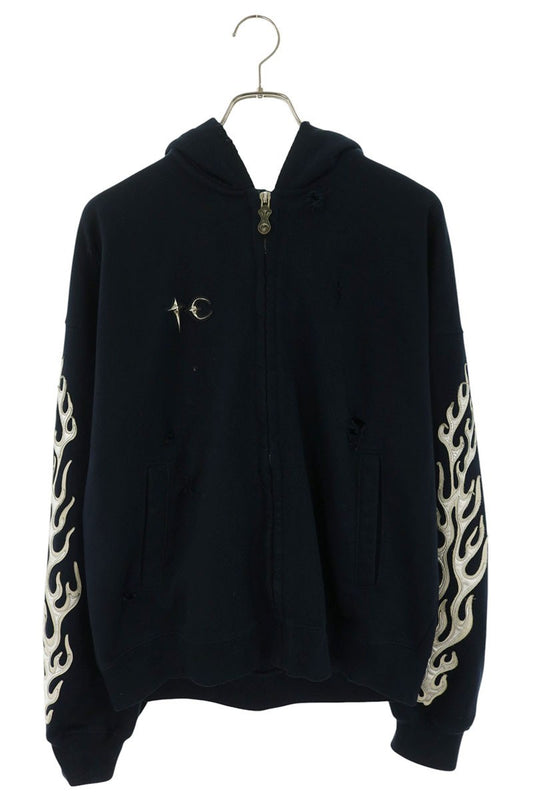 THUG CLUB 25SS Leather Flame Zip Hoodie Navy Size 3