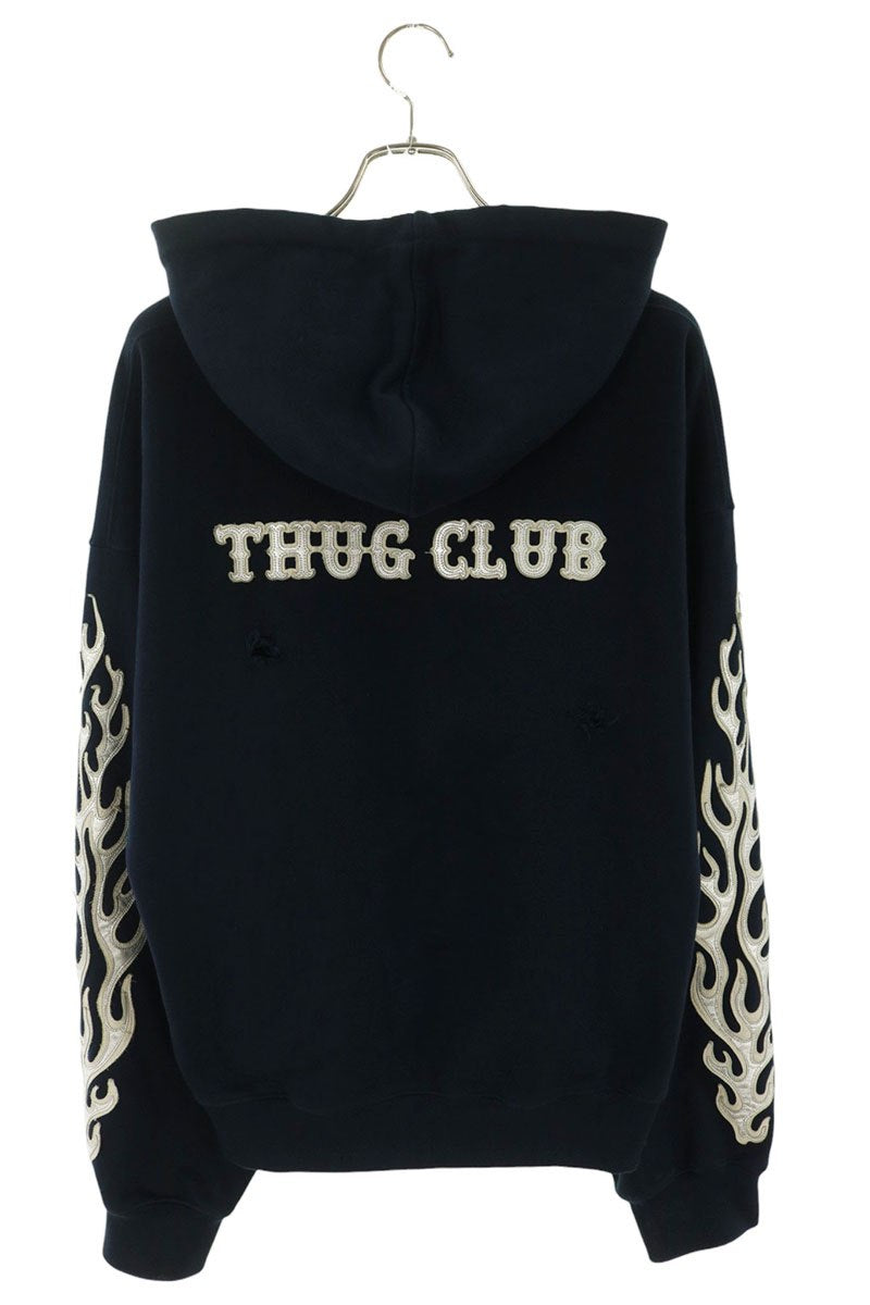 THUG CLUB 25SS Leather Flame Zip Hoodie Navy Size 3