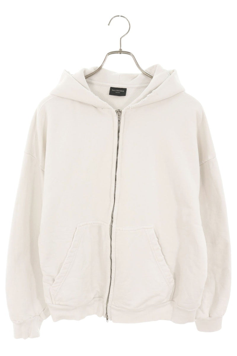 BALENCIAGA 24AW Distressed Back Logo Zip Hoodie White Size M