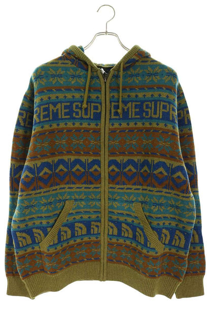 SUPREME x TNF 22AW Zip Up Hooded Knit Sweater Olive Hoodie Size L