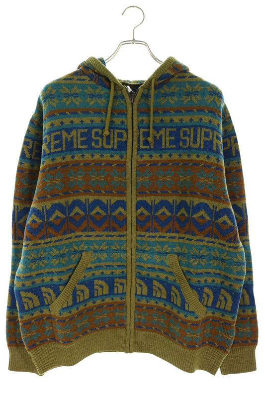 SUPREME x TNF 22AW Zip Up Hooded Knit Sweater Olive Hoodie Size L