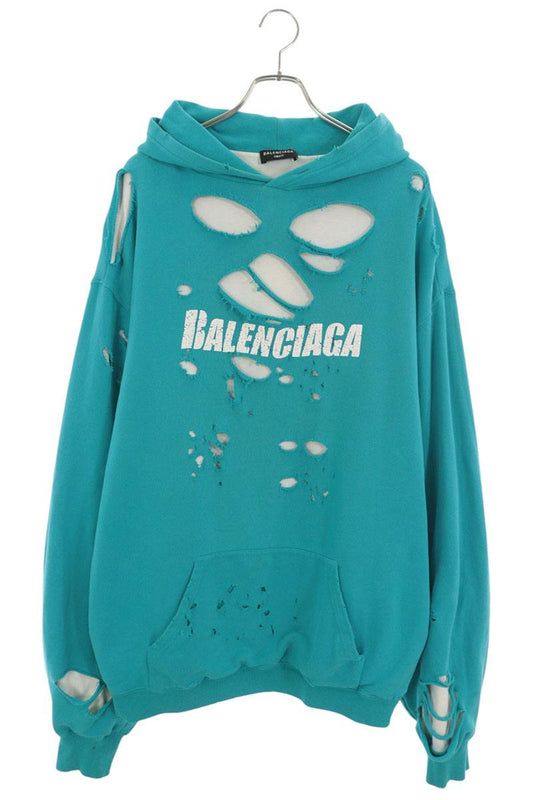 BALENCIAGA Distressed Logo Fleece Hoodie Blue Size S