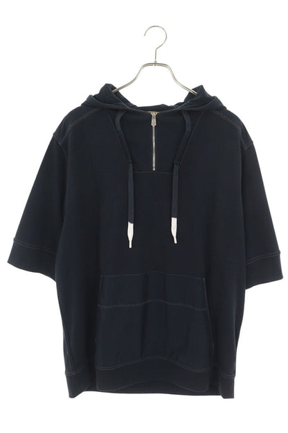 HERMES Half-Zip Nylon Panel Short Sleeve Hoodie Navy Size L