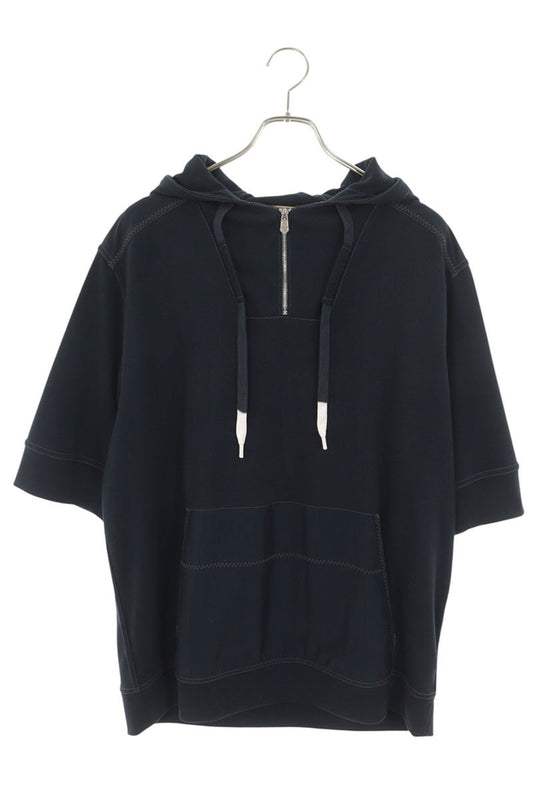 HERMES Half-Zip Nylon Panel Short Sleeve Hoodie Navy Size L