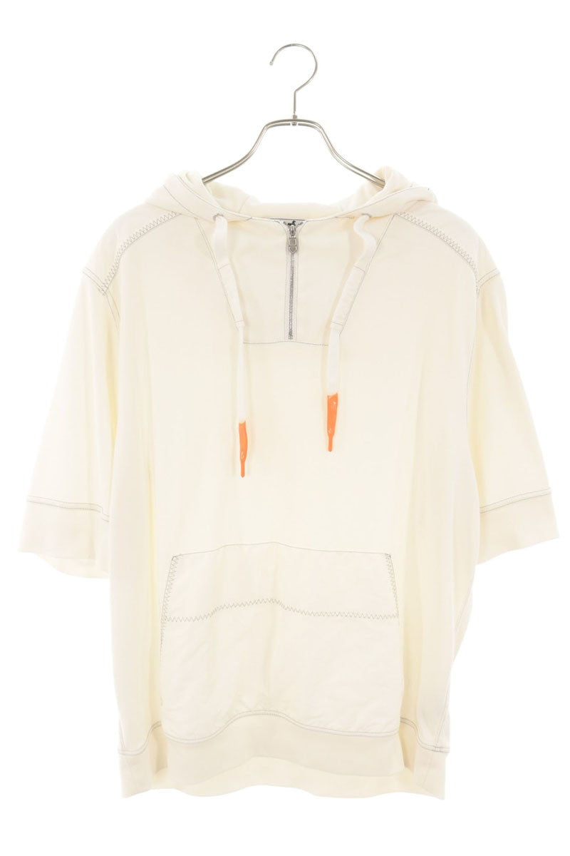 HERMES Half-Zip Nylon Panel Half-Sleeve Hoodie White Size L