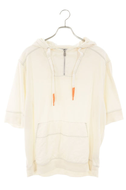 HERMES Half-Zip Nylon Panel Half-Sleeve Hoodie White Size L