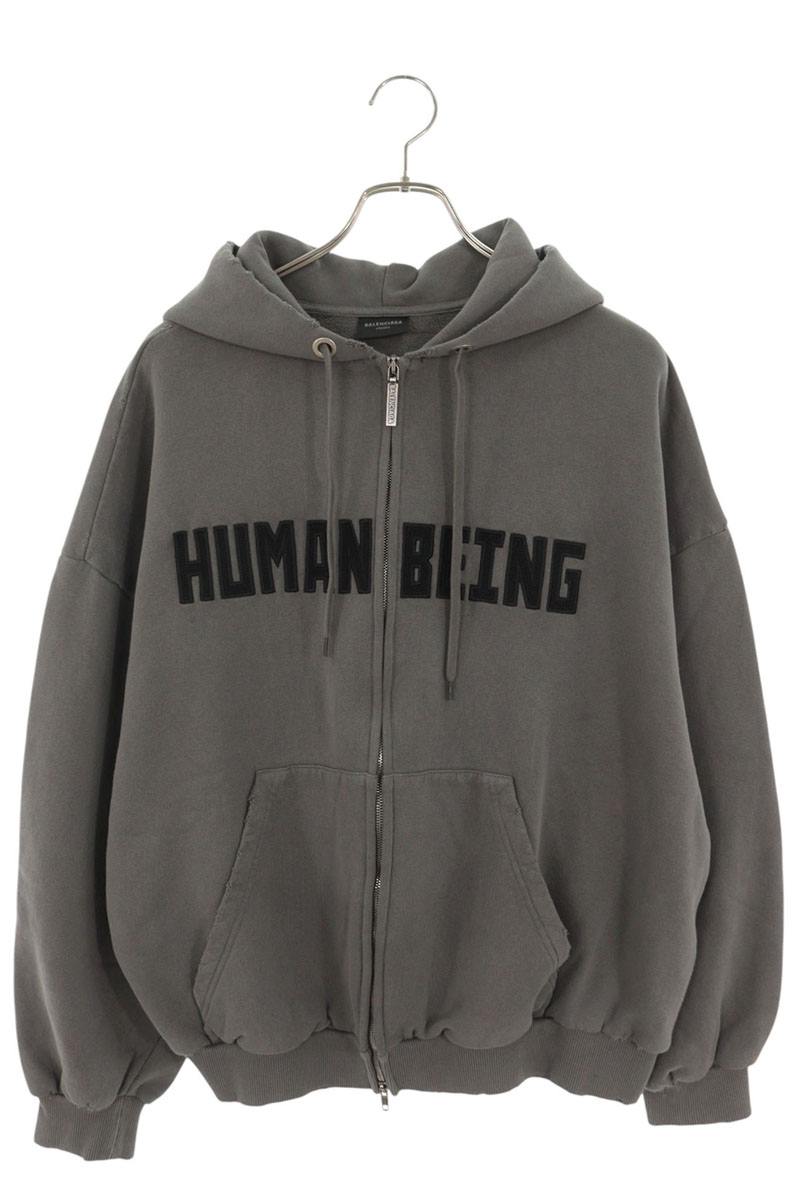 BALENCIAGA 24SS "HUMANBEING" Zip-Up Hoodie Gray Size XL