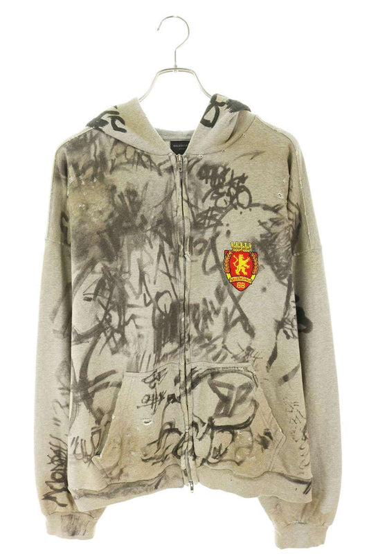 BALENCIAGA Skater Graphic Distressed Hoodie Gray Size M