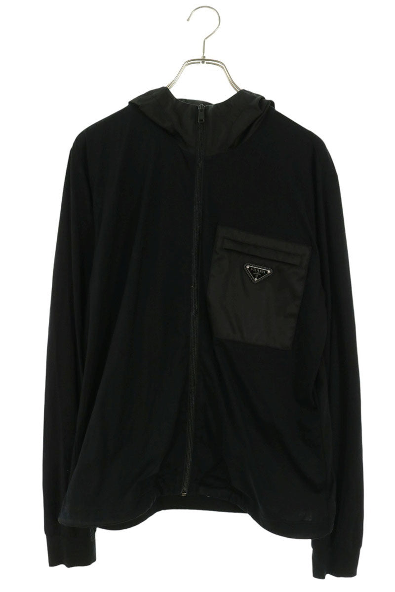 PRADA Logo Plate Nylon Panel Zip-Up Hoodie Black Size M
