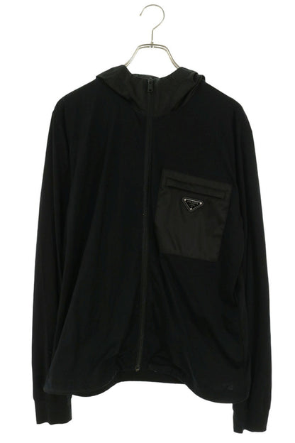 PRADA Logo Plate Nylon Panel Zip-Up Hoodie Black Size M