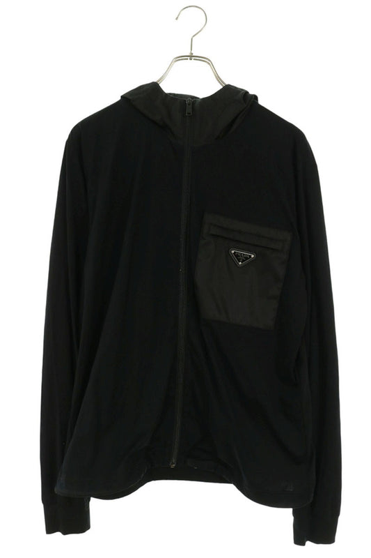 PRADA Logo Plate Nylon Panel Zip-Up Hoodie Black Size M